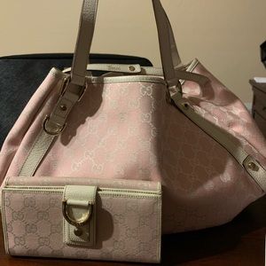 Gucci tote pink and white leather canvas- wallet
